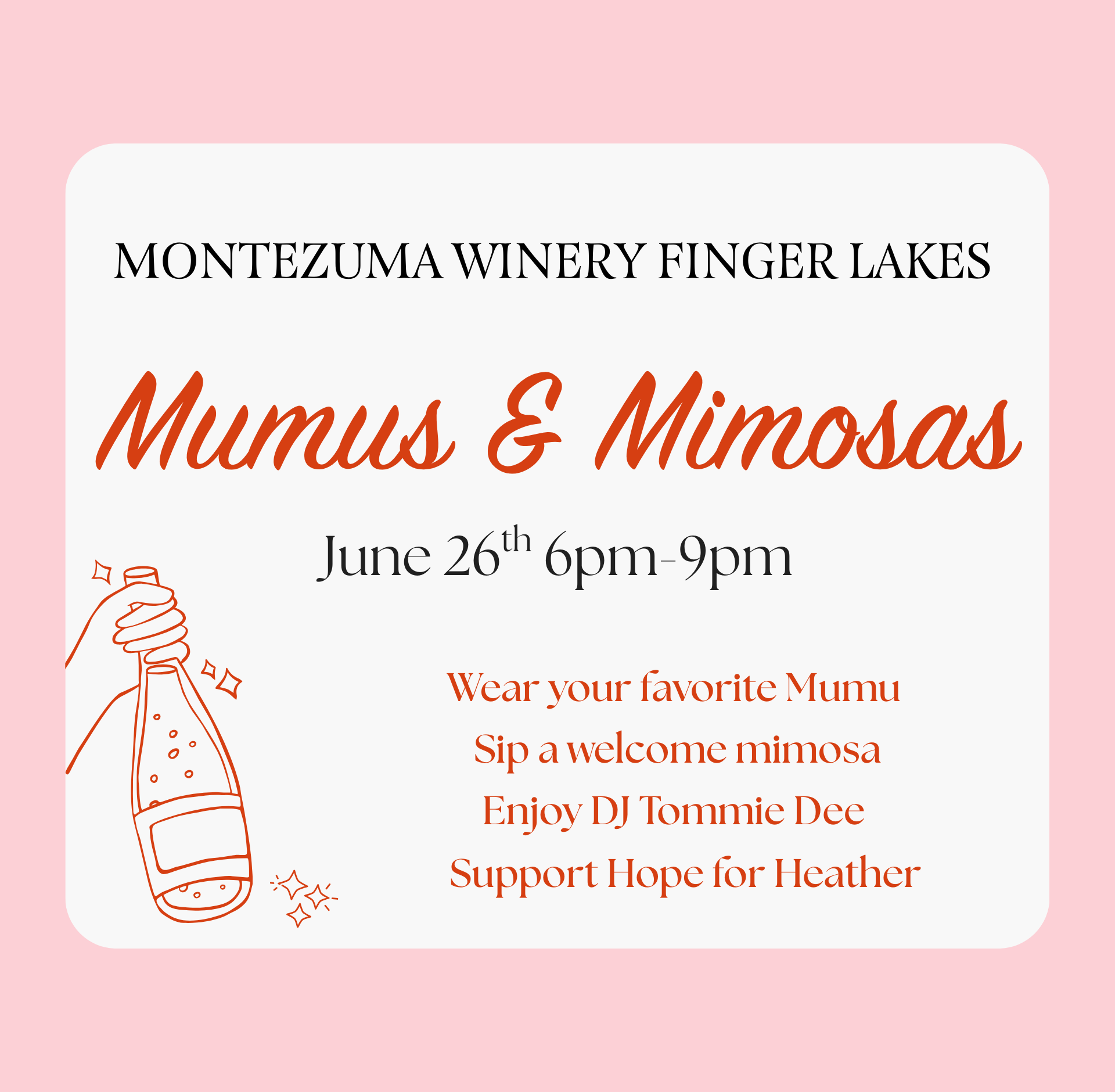 Event graphic showing colorful mimosas and women in bright mumus at a winery. Text on the graphic reads: ‘Mumus & Mimosas with DJ Tommie Dee – June 26, 6–9 PM. Support Hope for Heather and ovarian cancer awareness.