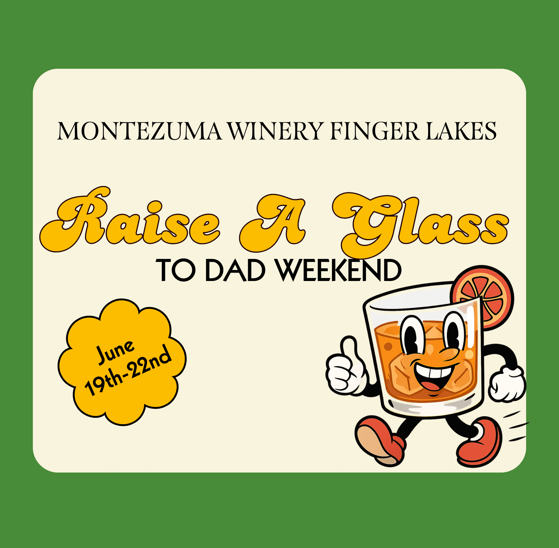 Raise a Glass to Dad Weekend event graphic featuring a warm, inviting design with whiskey glasses and beer imagery. Text highlights a special Barrels & Bites Flight, including three Hidden Marsh whiskeys paired with Righteous Felon beef jerky, along with $5 draft beers available all weekend. The graphic emphasizes that the event is open to everyone, creating a fun and inclusive atmosphere for guests to enjoy drinks, snacks, and good company.