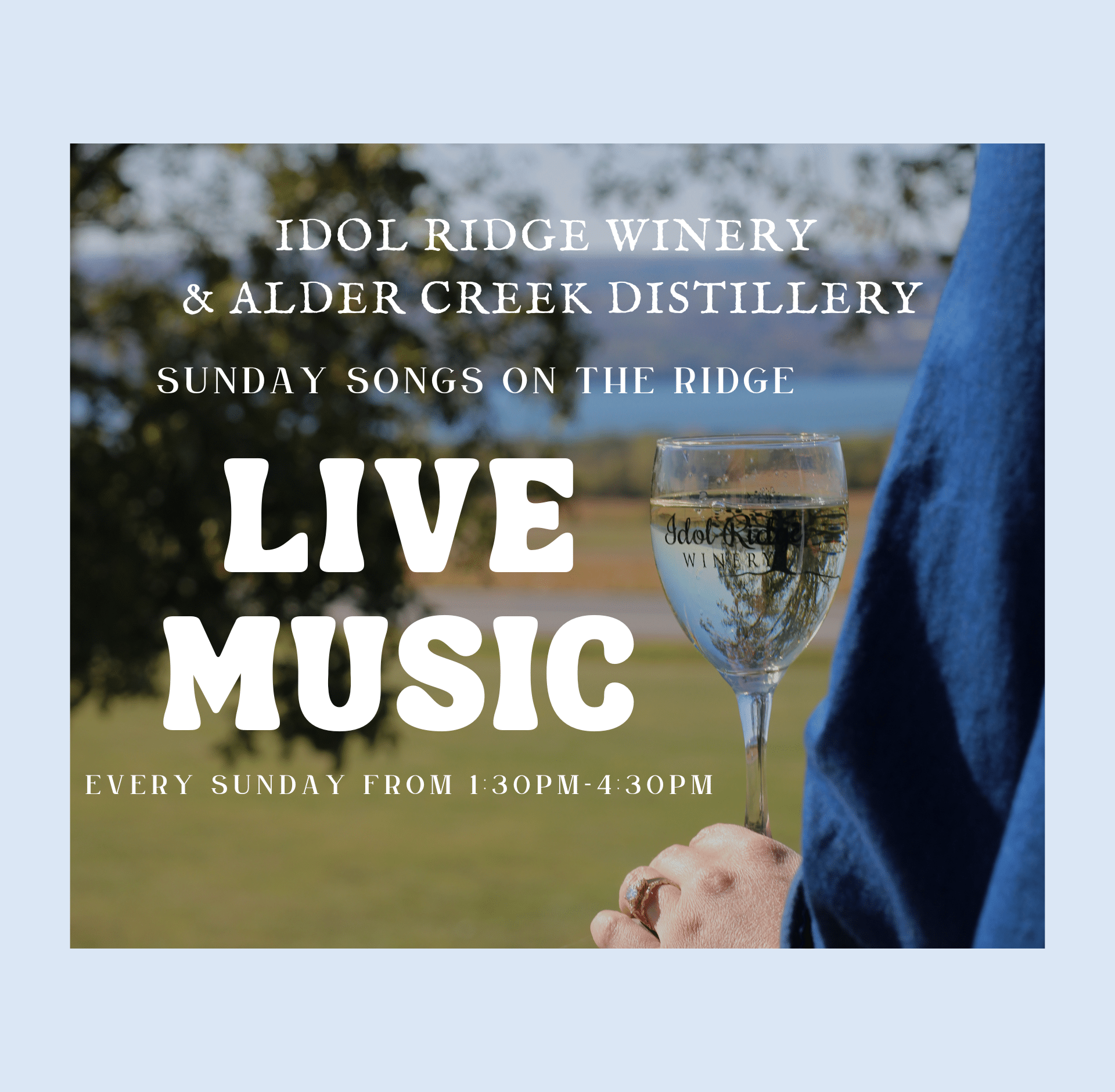 Graphic featuring a scenic view of Seneca Lake with a glass of wine in the foreground. Text overlay reads: 'Live Music Returns! May 31st - August 30th, Sundays 1:30pm-4:30pm. Enjoy local tunes, stunning lake views, Finger Lakes wines, and handcrafted cocktails at our tasting room. Bring friends and relax on the Ridge!