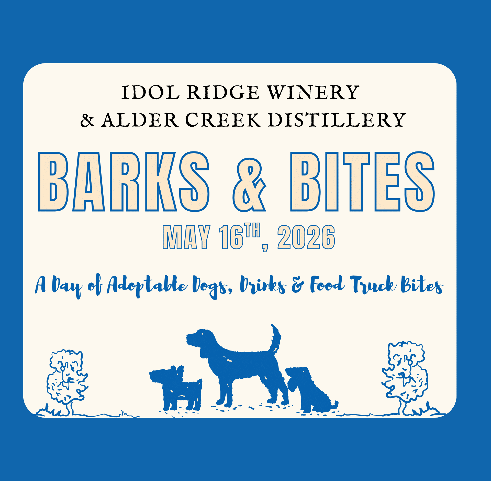Adoption event at Idol Ridge Winery on May 16th featuring adoptable dogs from the Humane Society of Schuyler County and food truck Moonchot’s Authentic Thai Cuisine, inviting guests to adopt, donate, or support local pets in need.