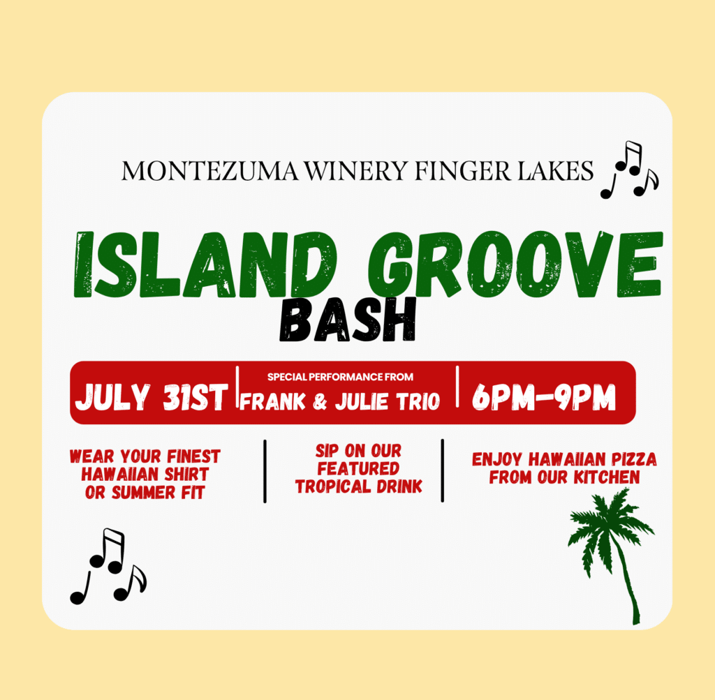 Graphic showing Island Groove Bash on July 31st with tropical colors promoting live music with Frank & Julie Trio, special pizza, and drinks.