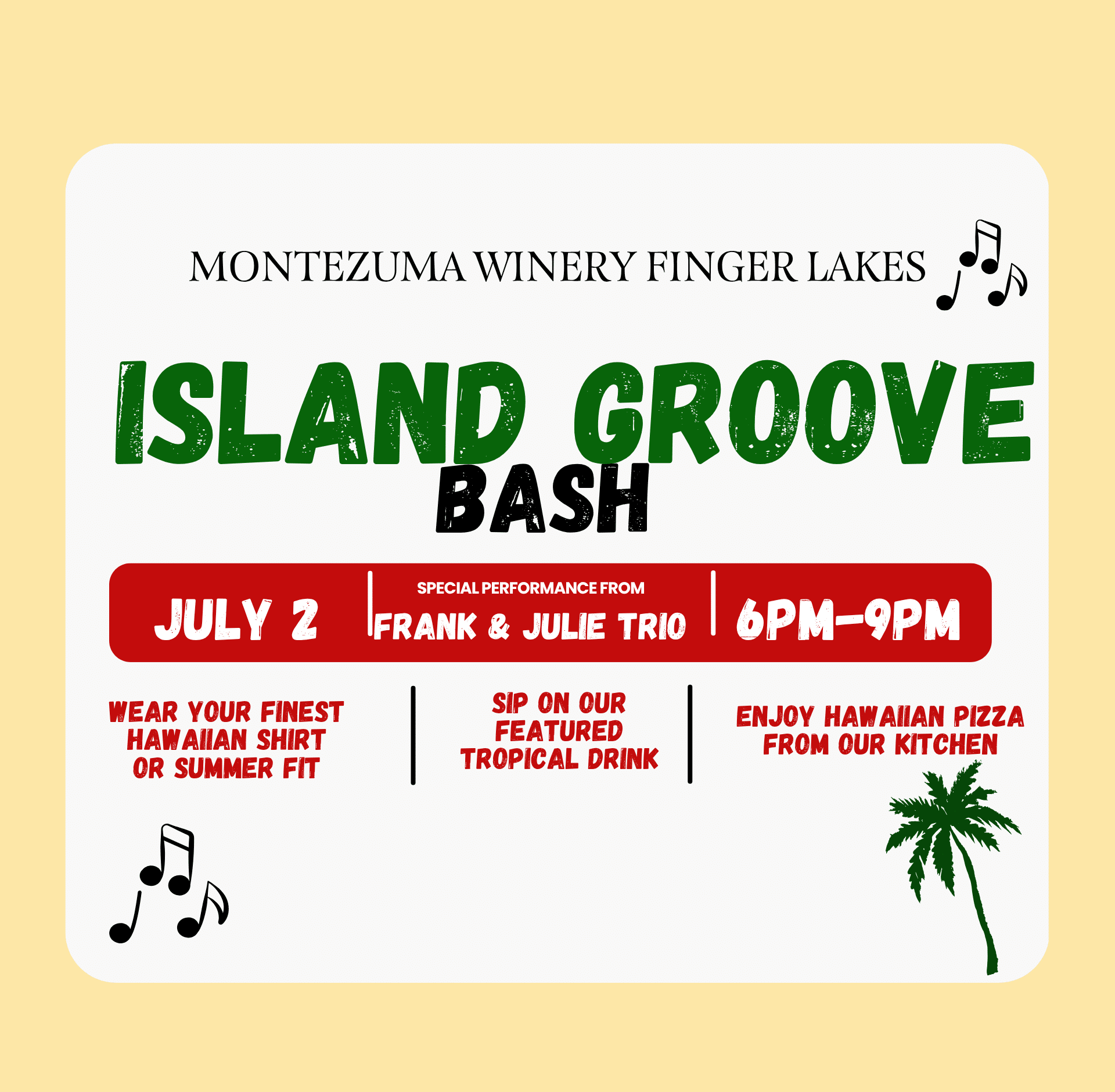 Colorful promotional graphic for a summer island-themed music night at Montezuma Winery Finger Lakes, highlighting live reggae music, tropical cocktails, Hawaiian pizza, and outdoor games including limbo and cornhole, scheduled for July 2nd from 6–9 PM.