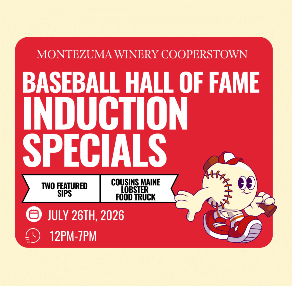 Promotional graphic for Baseball Hall of Fame Induction Day featuring baseball-themed design and event details, including specialty cocktails, craft beer, kid-friendly drinks, yard games, and Cousins Maine Lobster Food Truck on July 26, 2026.
