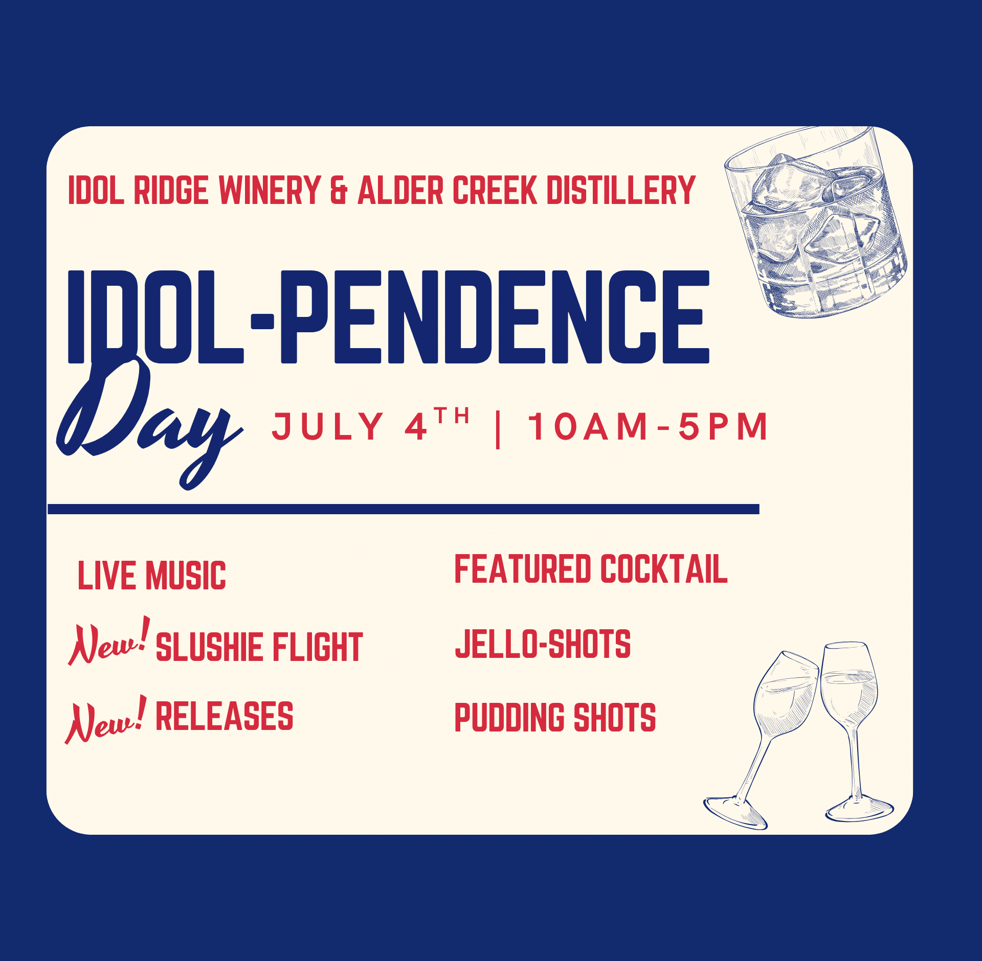 Festive 4th of July event on the Ridge with live blues, folk, and jazz music by Mathis Haug, seasonal slushies flight, specialty cocktails, spirit tasting, and scenic outdoor views. Free admission.