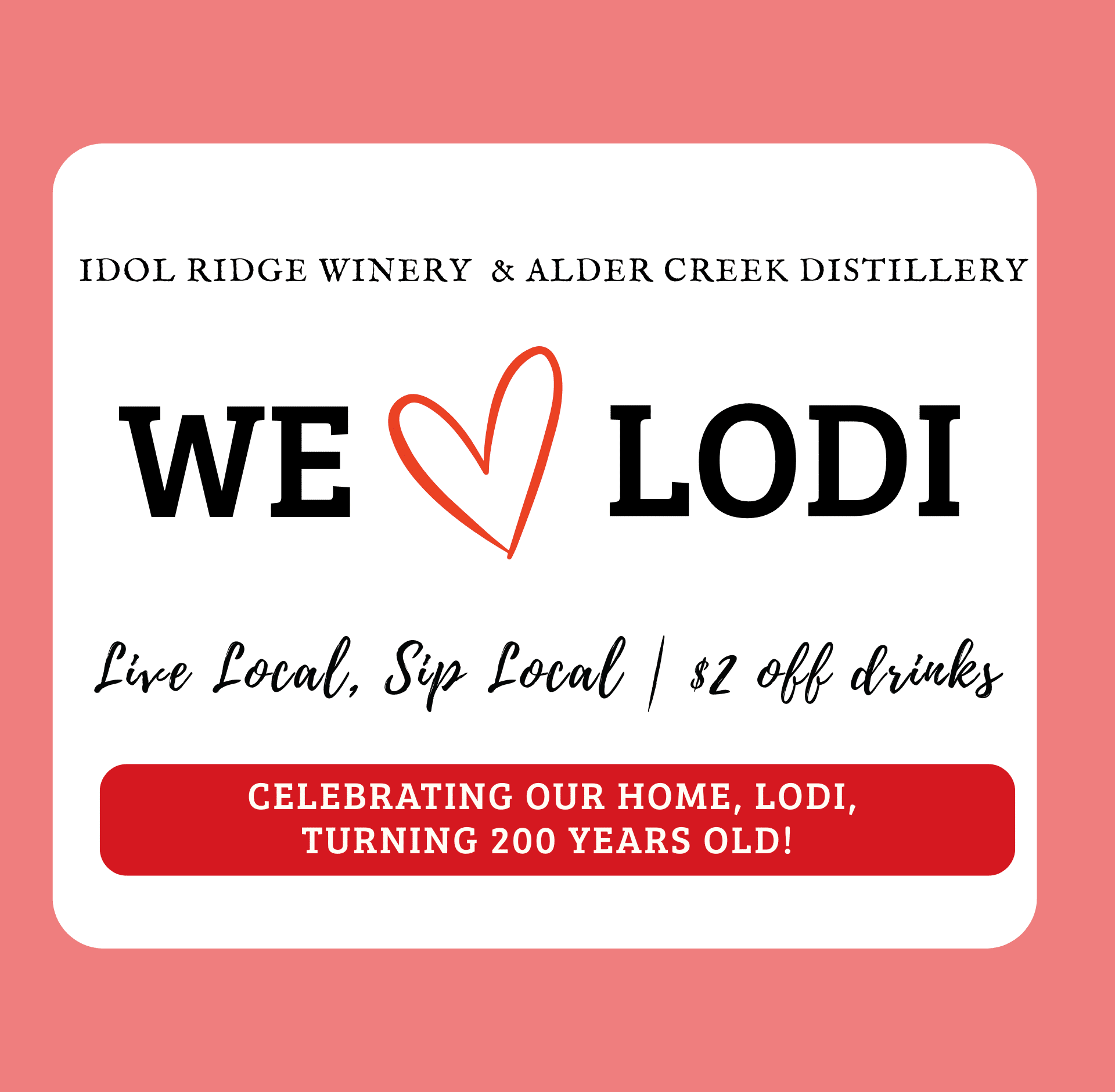 Graphic promoting Lodi’s 200th Birthday Celebration at Idol Ridge, featuring local pride, community festivities, special discounts for residents, and a toast to 200 years of history in the Finger Lakes.