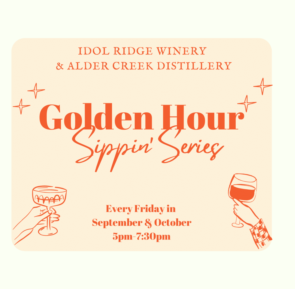 Graphic promoting the Golden Hour Sippin' music series at the Ridge. The graphic features a scenic vineyard backdrop with sunset colors and lists the September and October live music schedule. Headline reads: "Golden Hour Sippin'." Live music begins at 5:00 PM. September performers: Levi Gangi (9/4), High Divin' Act (9/11), Mayre Lobb (9/18), and Old World Warblers (9/25). A note states that music will be extended until 8:30 PM during Balloons on the Ridge weekend. October performers: Jim Kerins (10/2), Rivery Lynch (10/9), Cooper Scotti (10/16), Chris Mahan (10/23), and High Divin' Act (10/30). The event features wine, handcrafted cocktails, light bites, and sunset views over Seneca Lake.