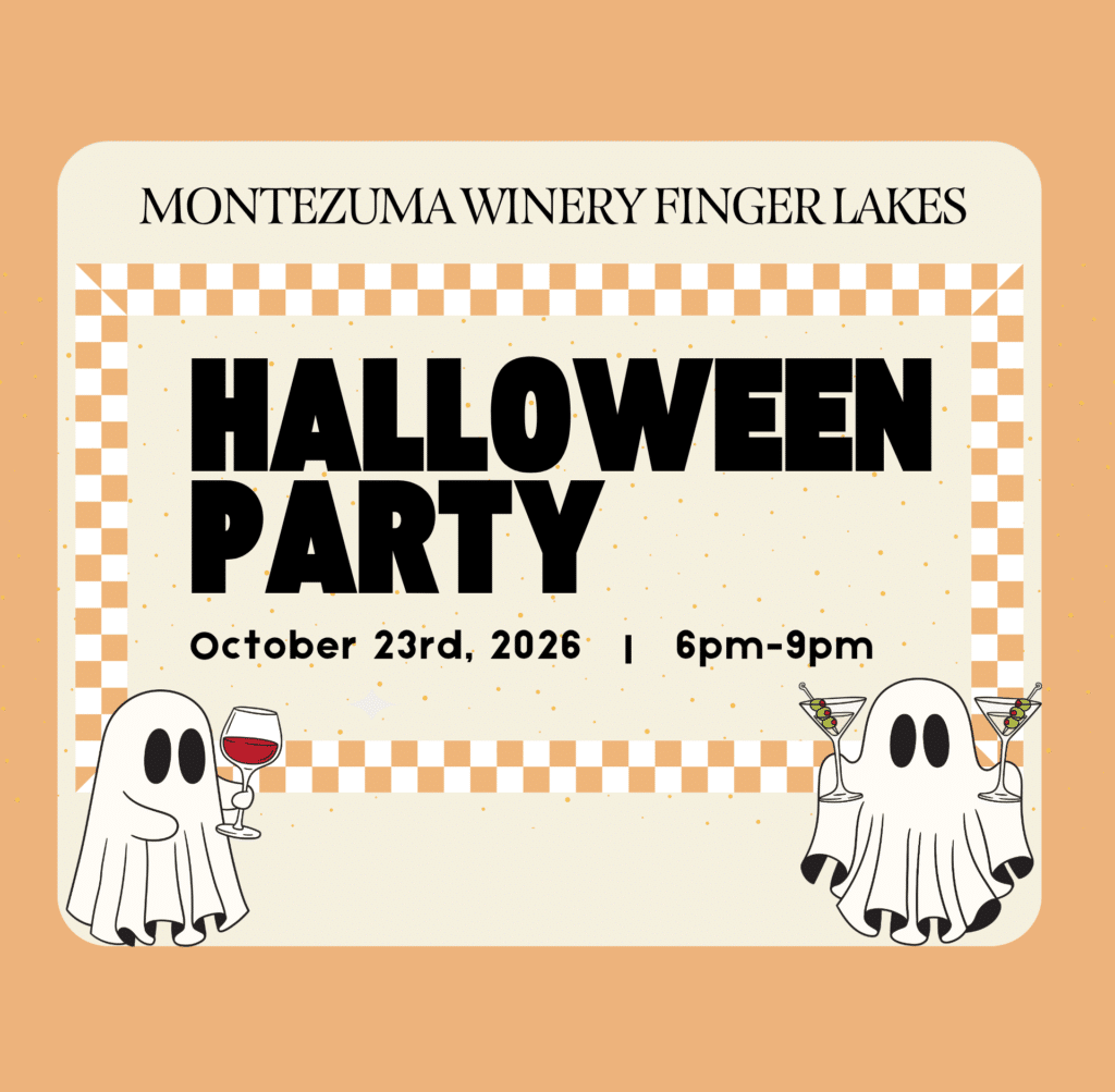 Halloween party event graphic for event on October 23rd at Montezuma Winery Seneca Falls featuring a spooky tasting room celebration with festive Halloween decorations, pumpkins, costumes, cocktails, live DJ entertainment, and a fun evening atmosphere. The event includes a costume contest, spooky food, signature Halloween cocktails, and $10 entry for guests.