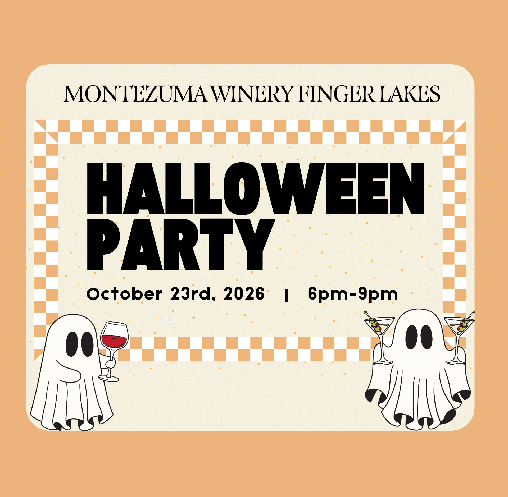 Halloween party event graphic for event on October 23rd at Montezuma Winery Seneca Falls featuring a spooky tasting room celebration with festive Halloween decorations, pumpkins, costumes, cocktails, live DJ entertainment, and a fun evening atmosphere. The event includes a costume contest, spooky food, signature Halloween cocktails, and $10 entry for guests.