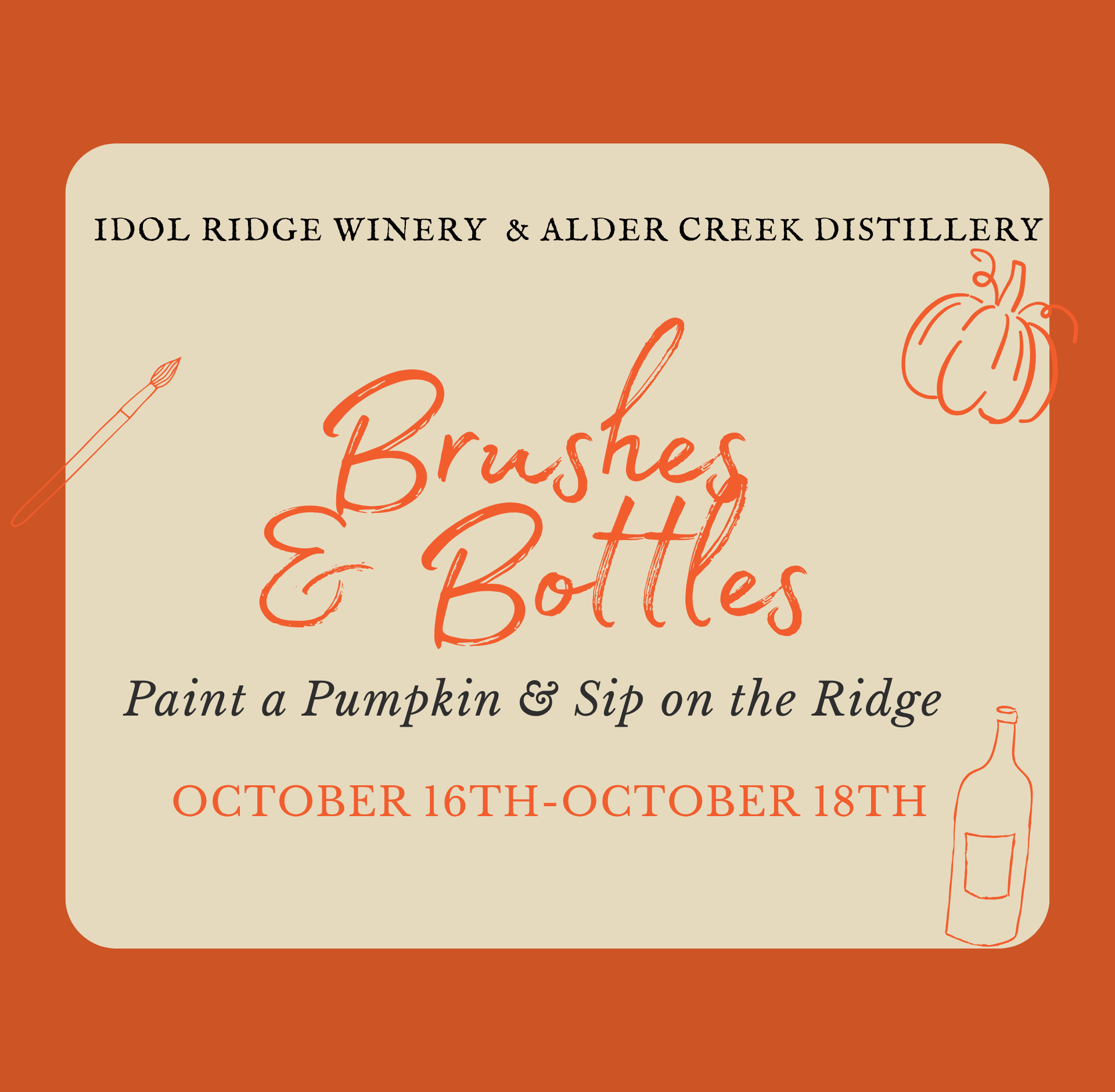 Brushes & Bottles event graphic promoting $5 pumpkin painting, with decorating supplies provided and drinks available from the tasting bar.