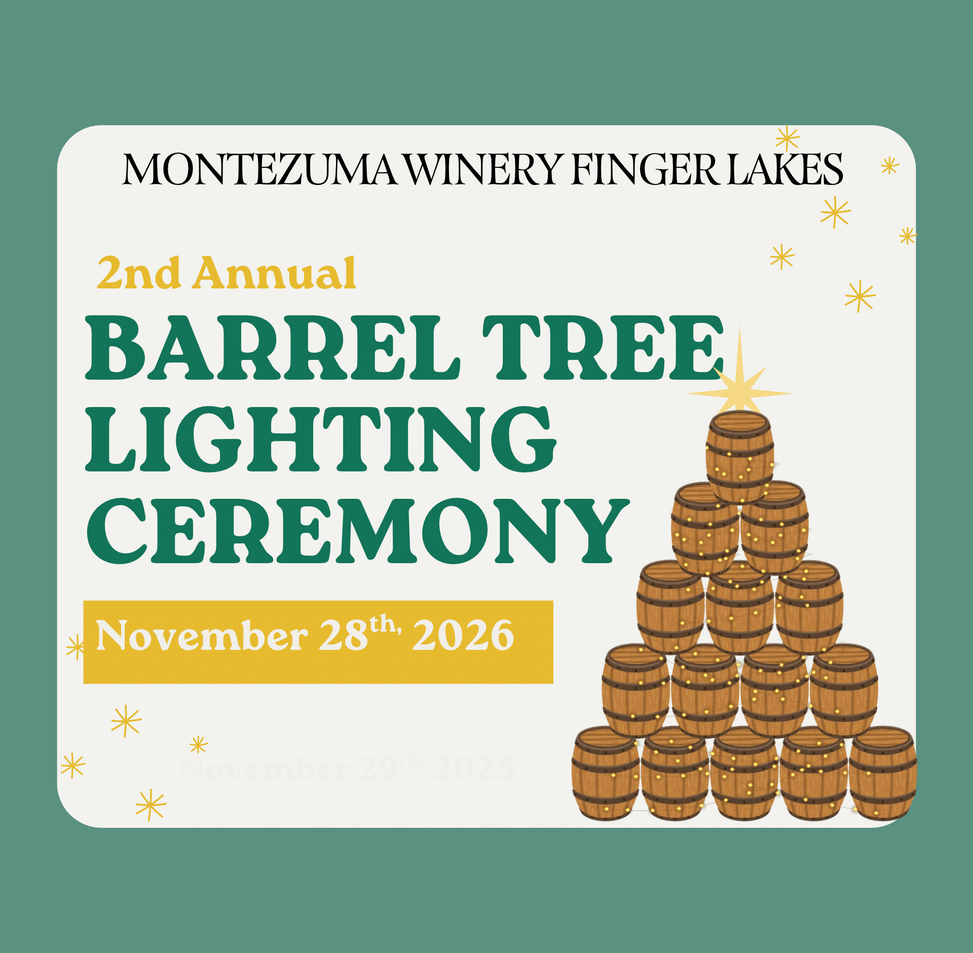 Barrel Tree Lighting Ceremony at Montezuma Winery Finger Lakes on November 28th, featuring festive holiday cheer, live music, wine tastings, and food from our kitchen.