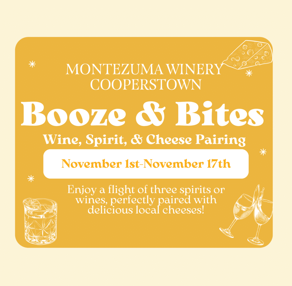 Featured flight of wine or spirits paired with local cheese from Cooperstown Cheese Company, available November 1–17 for $12.