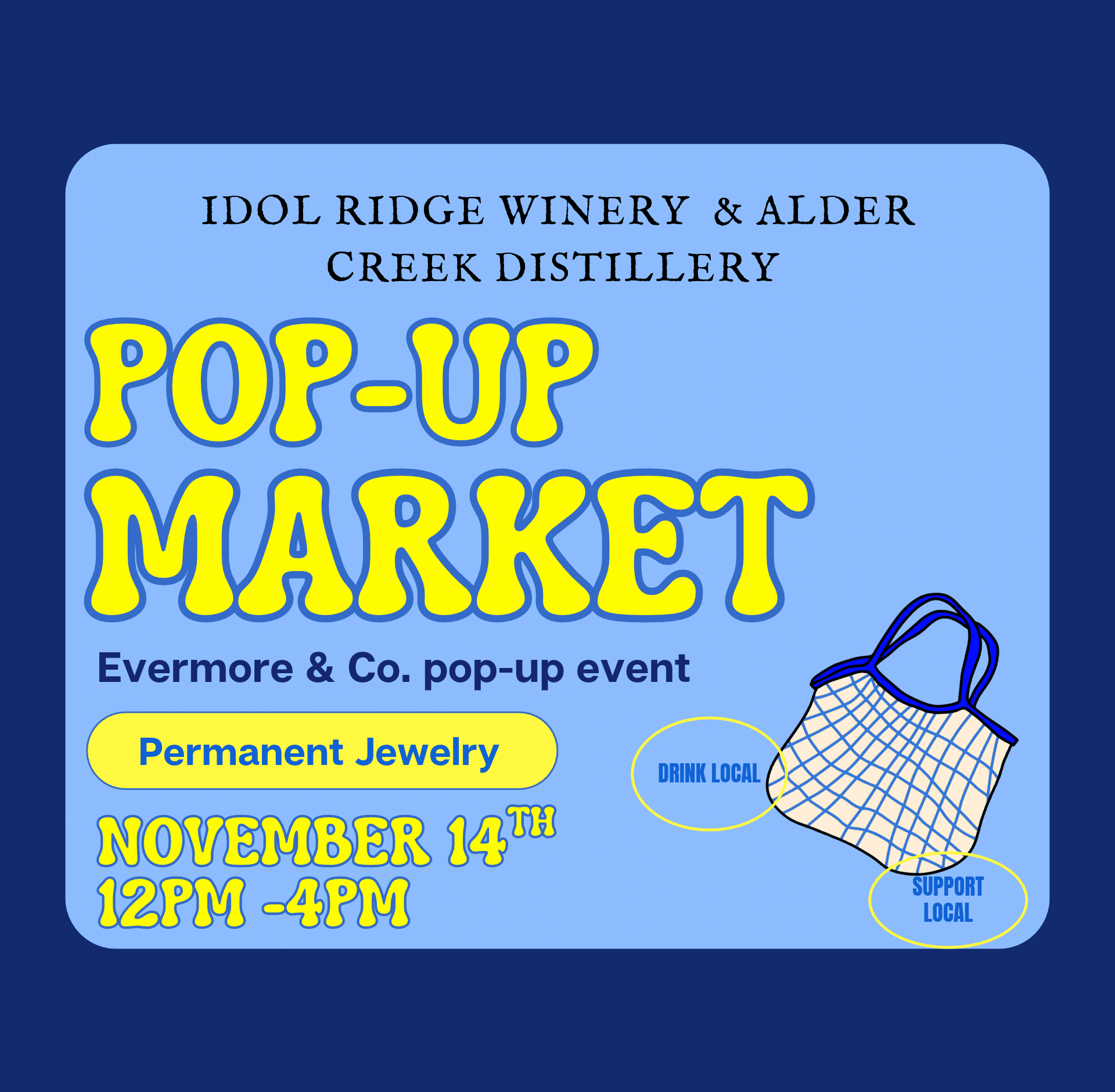 Evermore & Co. Rochester permanent jewelry pop-up market in our tasting room on November 14th, 2026