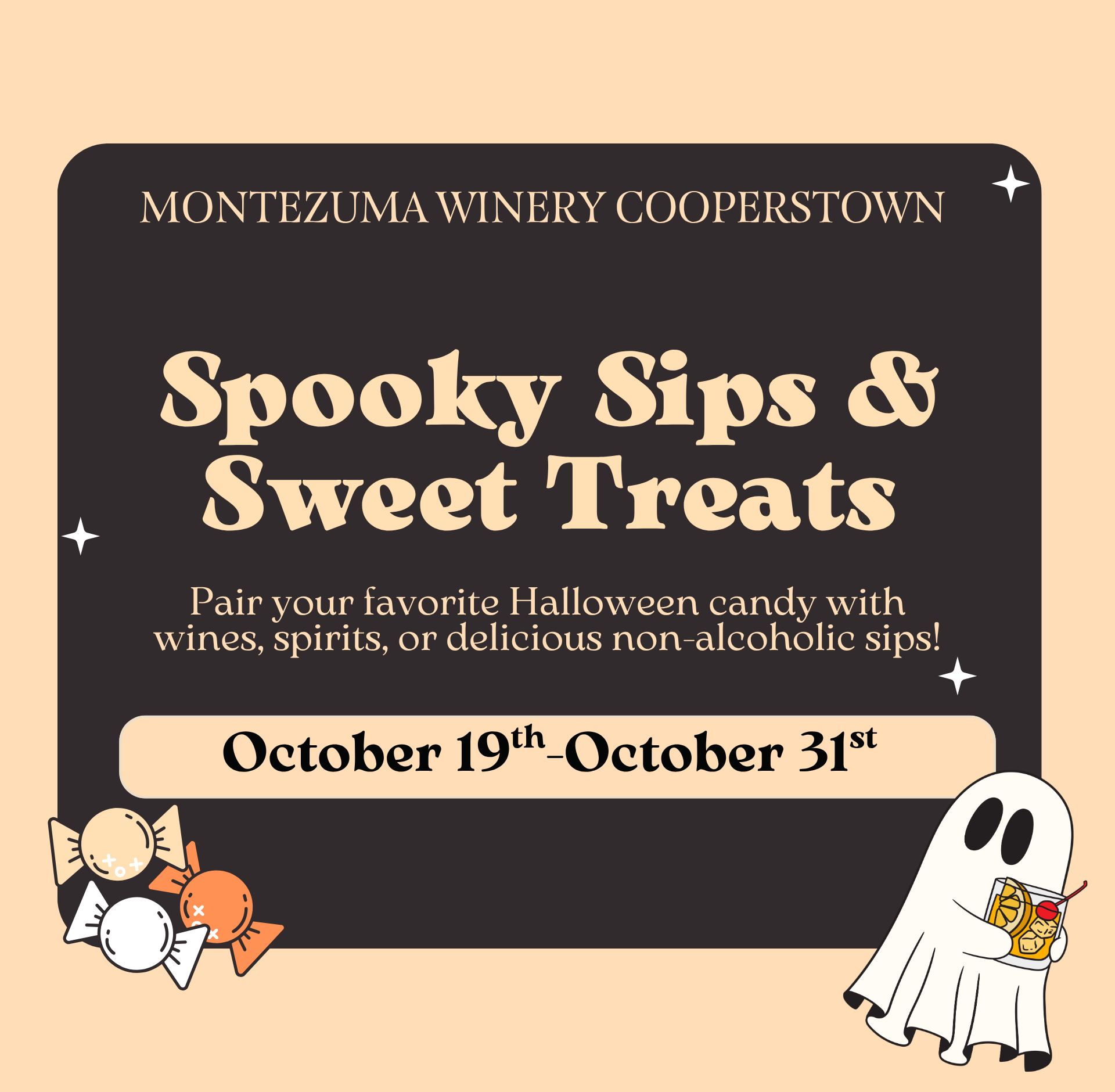 Spooky Sips & Sweet treat pairing at Montezuma Winery Cooperstown.