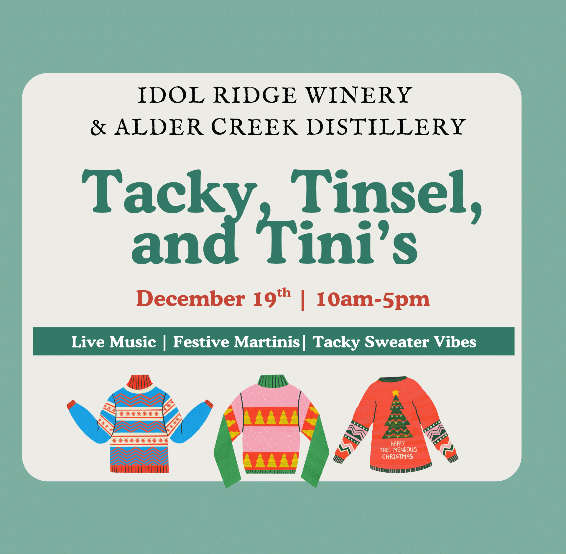 Holiday celebration at Idol Ridge on December 19th. 2026 featuring festive drinks, ugly Christmas sweaters, and live music by Betts Carter Duo from 1:30–4:30 PM.